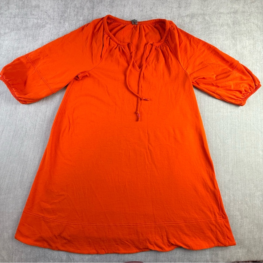 Anthropologie Womens Orange Tie Neck Puff Sleeve Knit Tunic Top XS
